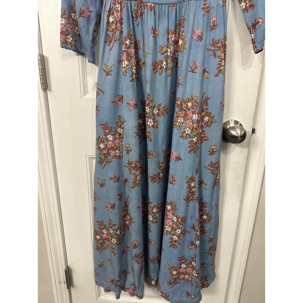 April Cornell Blue Floral Maxi Dress Ruffle Neck 3/4 Sleeve Cottagecore Small - Picture 2 of 8